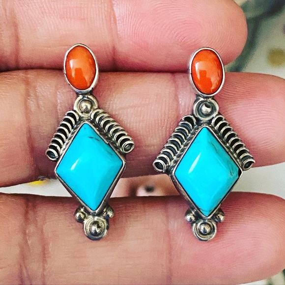 Jewelry - Running bear Turquoise and Coral earrings.